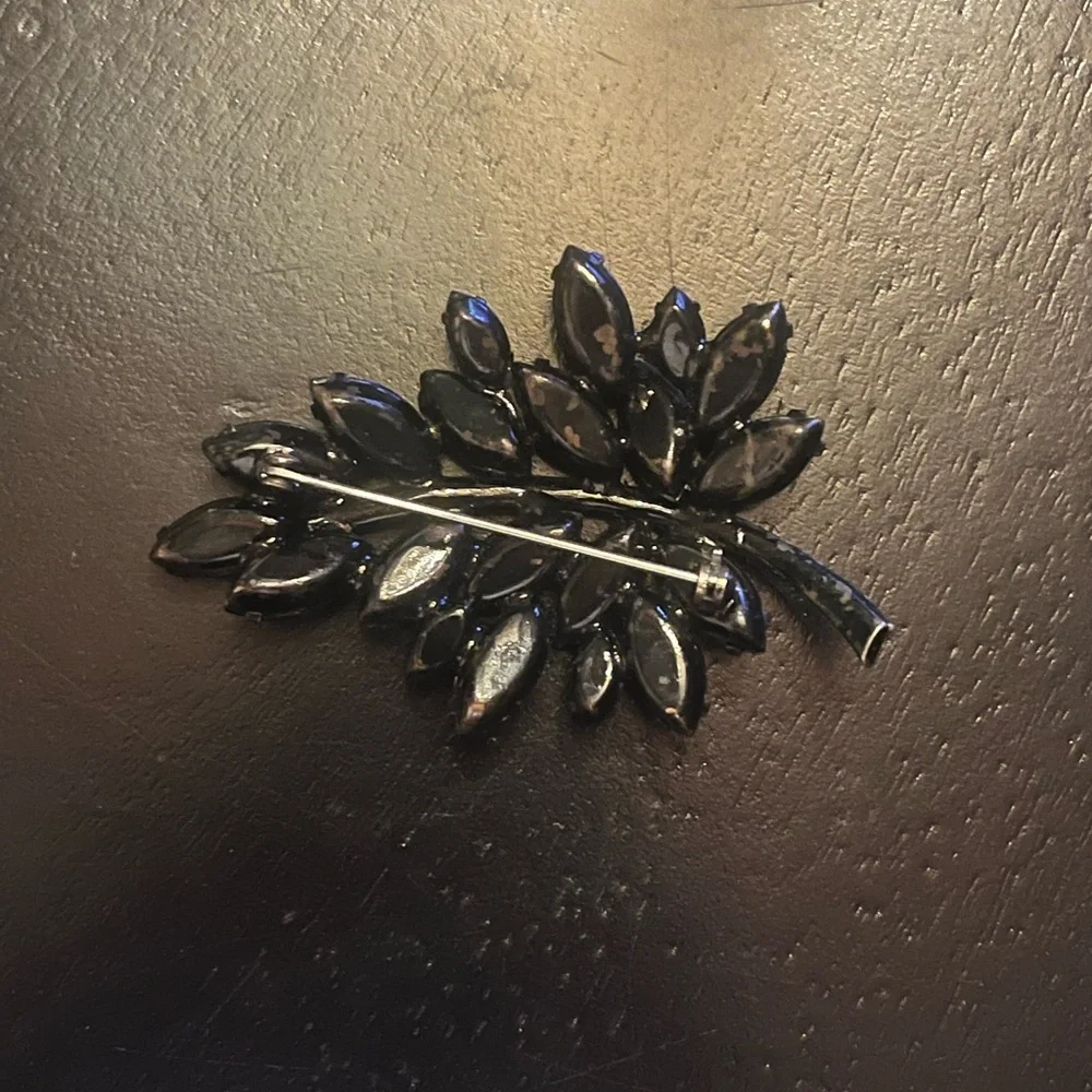 Vintage Jet Black Rhinestone Leaf Brooch